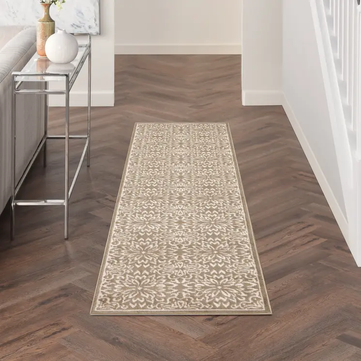7' Taupe and Ivory Floral Runner Rug
