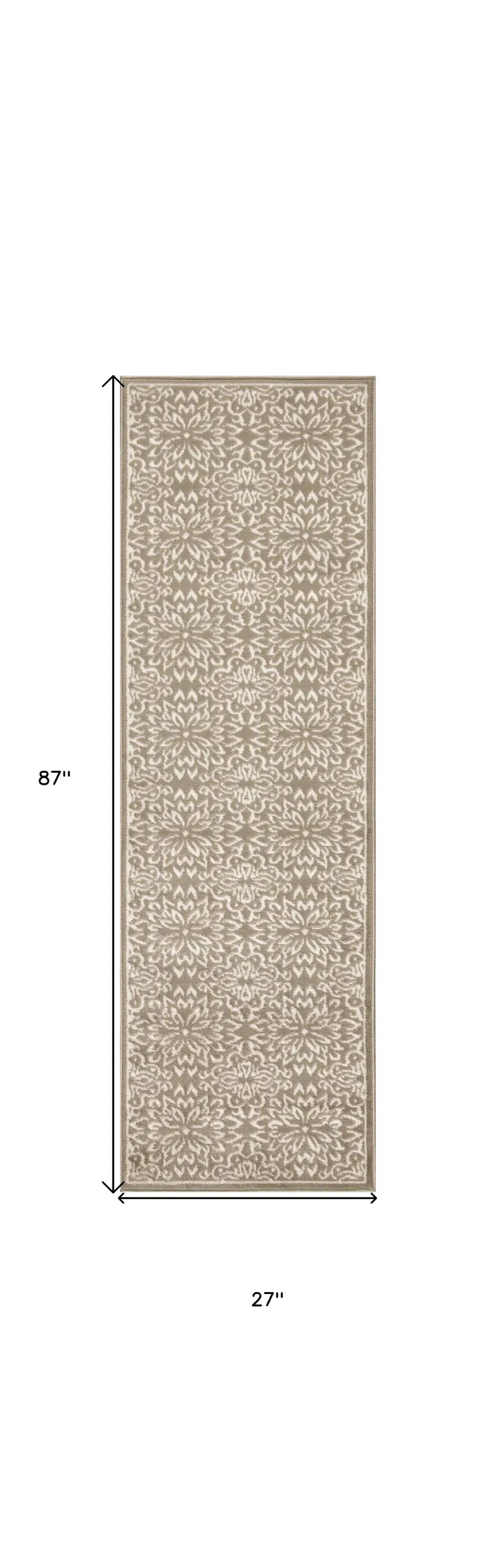 7' Taupe and Ivory Floral Runner Rug