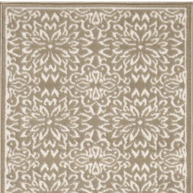 7' Taupe and Ivory Floral Runner Rug