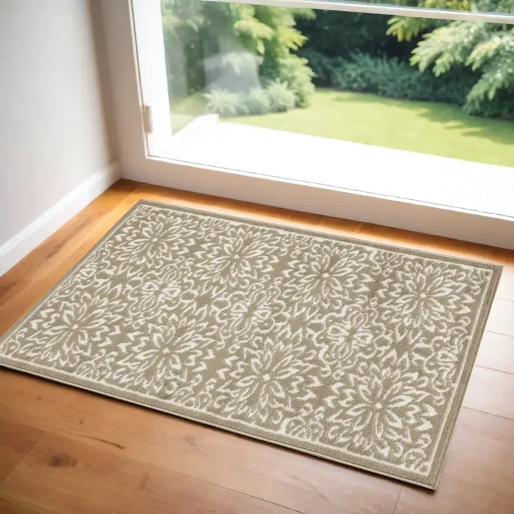 2' X 4' Taupe and Ivory Floral Area Rug