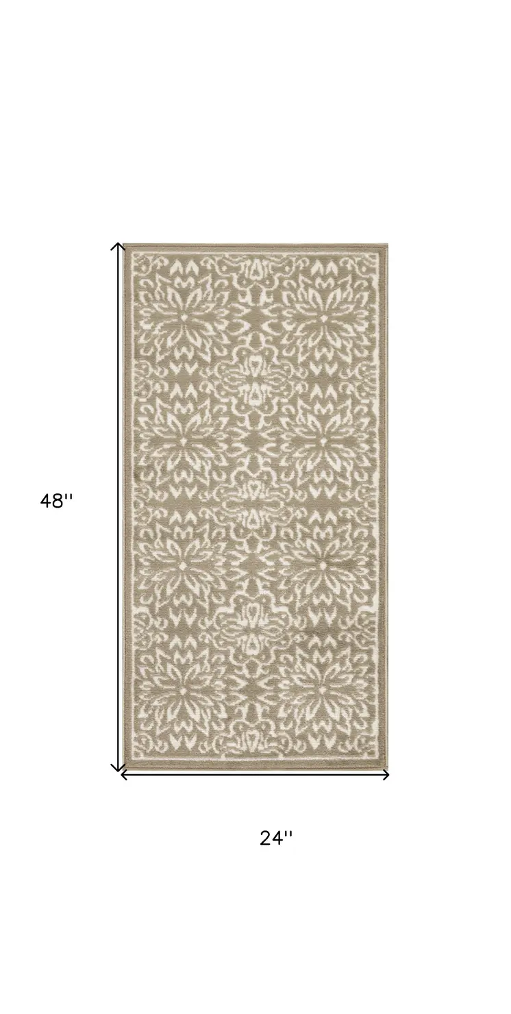 2' X 4' Taupe and Ivory Floral Area Rug