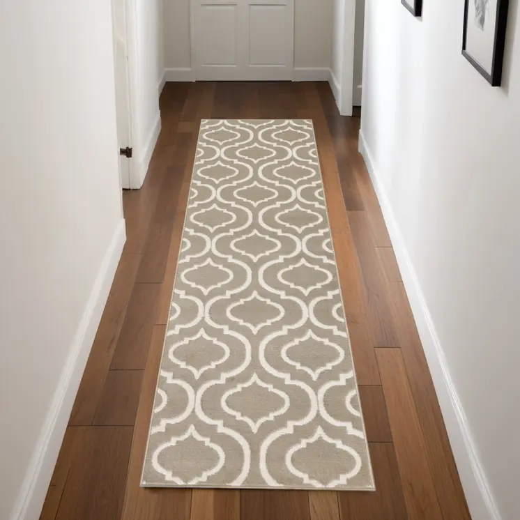 7' Taupe and Ivory Trellis Runner Rug