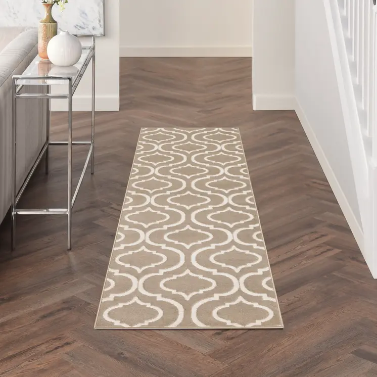 7' Taupe and Ivory Trellis Runner Rug