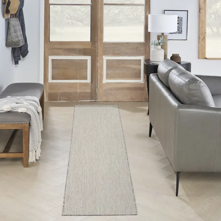16' Ivory And Silver Geometric Indoor Outdoor Runner Rug