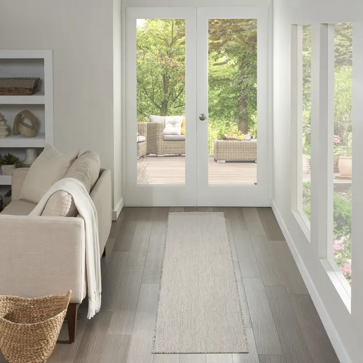 12' Ivory And Silver Geometric Indoor Outdoor Runner Rug