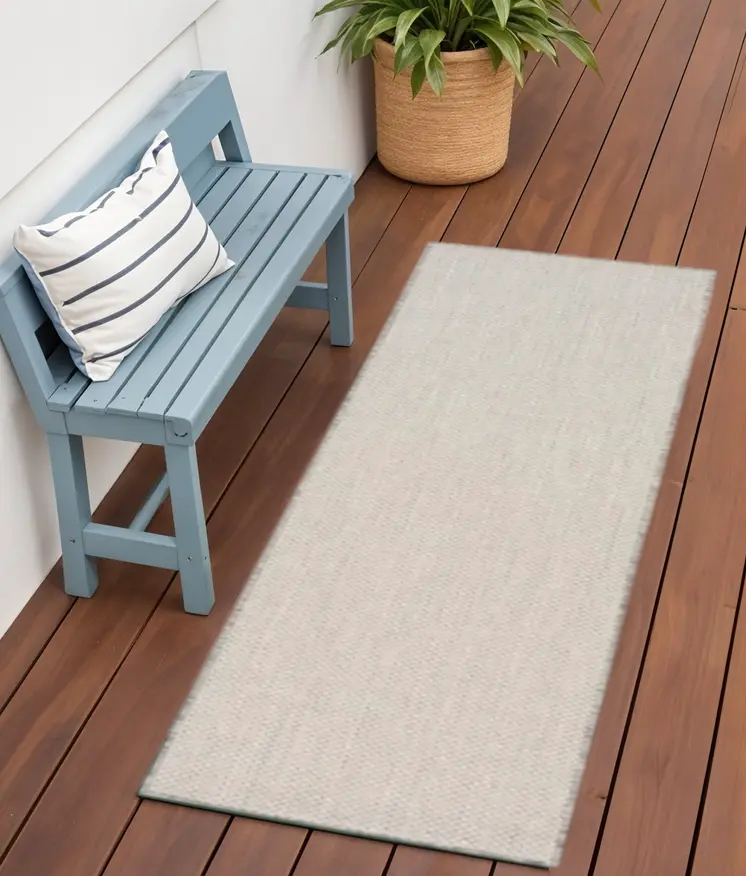 6' Ivory And Silver Geometric Indoor Outdoor Runner Rug