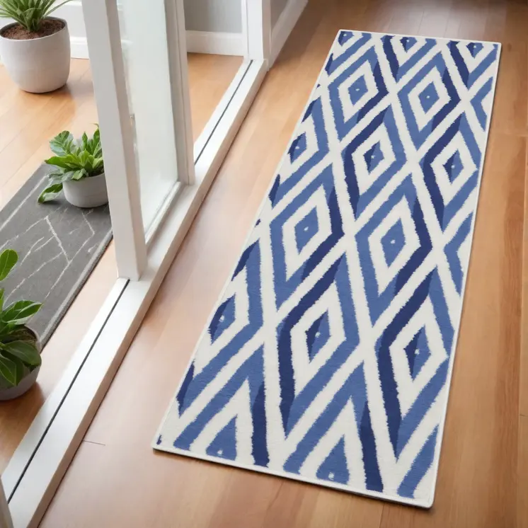 6' Ivory and Blue Geometric Runner Rug