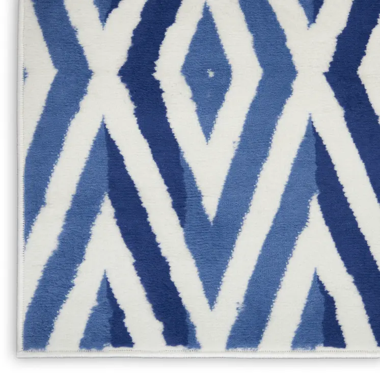 6' Ivory and Blue Geometric Runner Rug