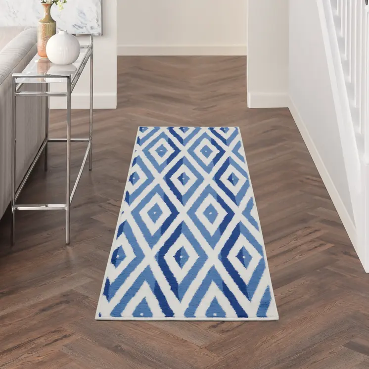 6' Ivory and Blue Geometric Runner Rug