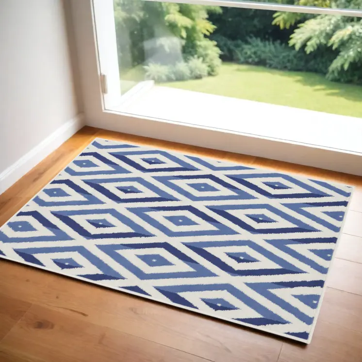 3' X 5' Ivory and Blue Geometric Area Rug