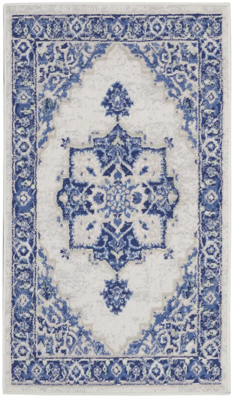 3' X 5' Ivory and Blue Medallion Area Rug