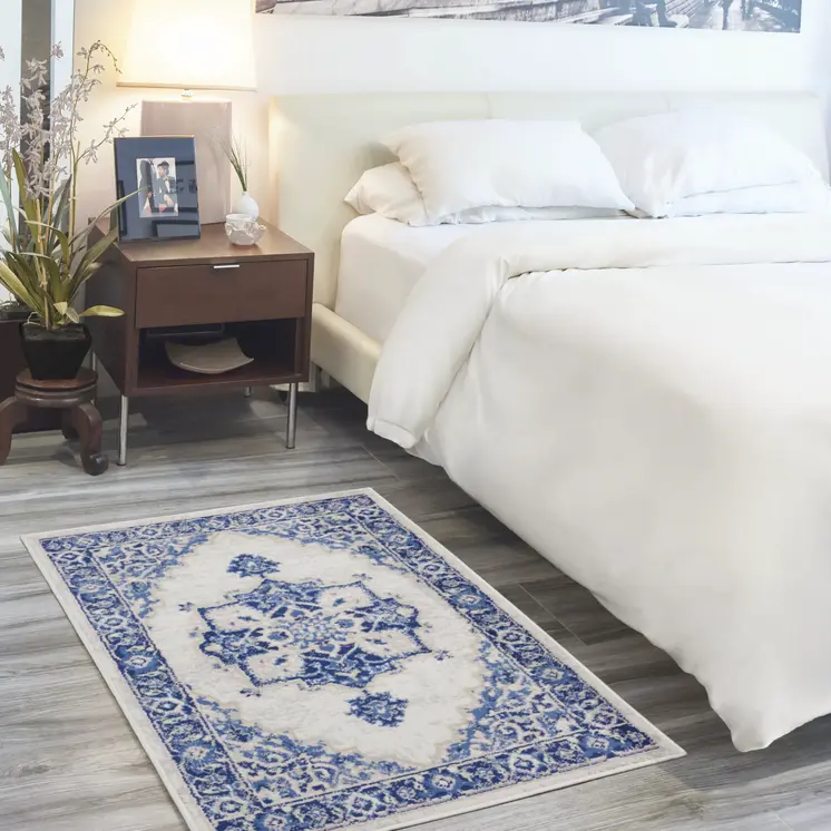 3' X 5' Ivory and Blue Medallion Area Rug