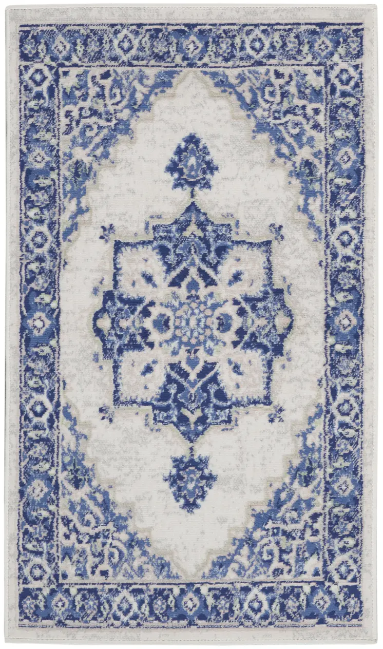 3' X 5' Ivory and Blue Medallion Area Rug