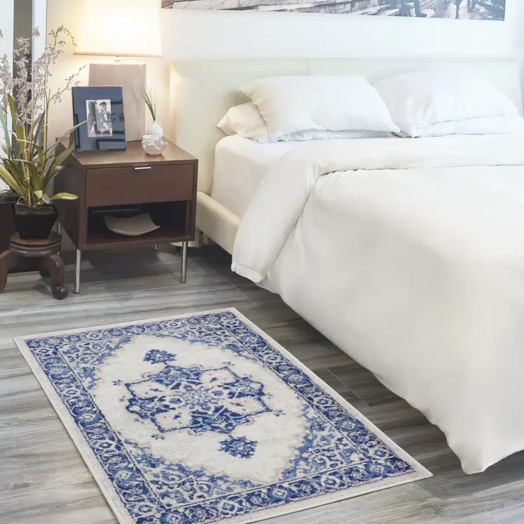 3' X 5' Ivory and Blue Medallion Area Rug