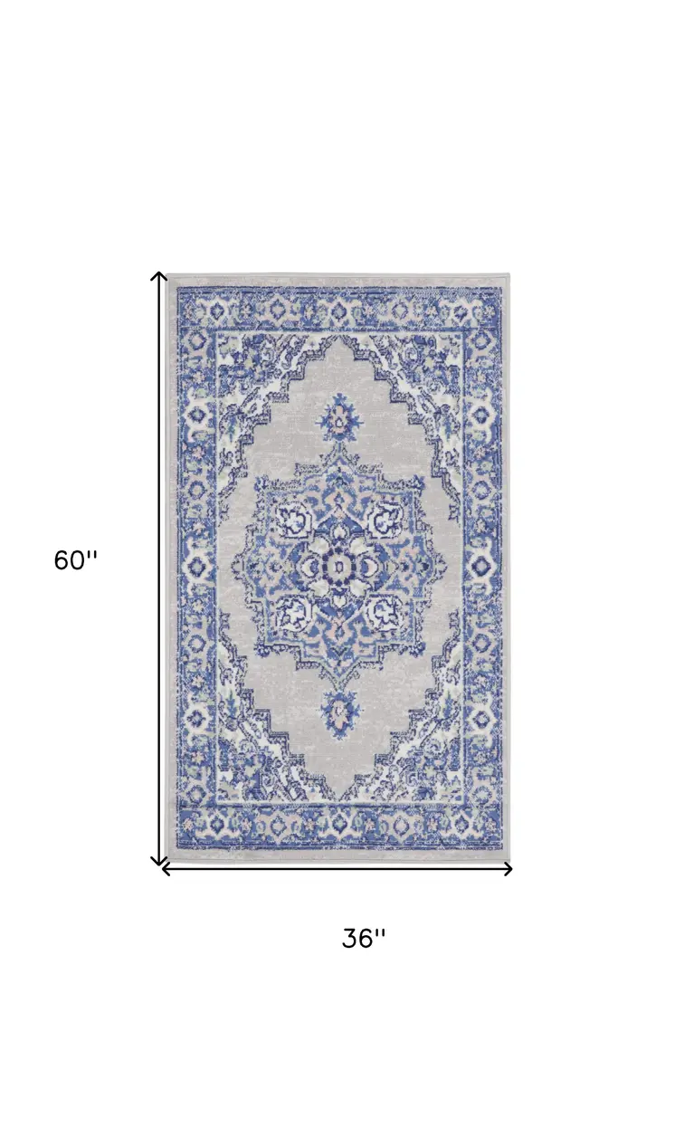 3' X 5' Gray and Blue Medallion Area Rug
