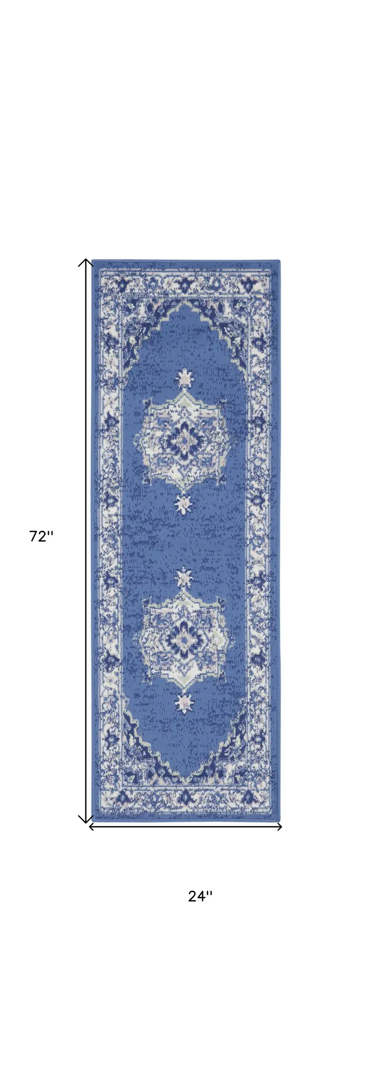 6' Ivory Navy Blue and Beige Floral Medallion Runner Rug