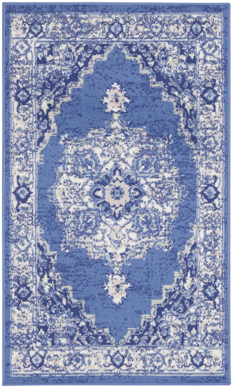 3' X 5' Ivory Navy Blue and Beige Floral Medallion Area Rug