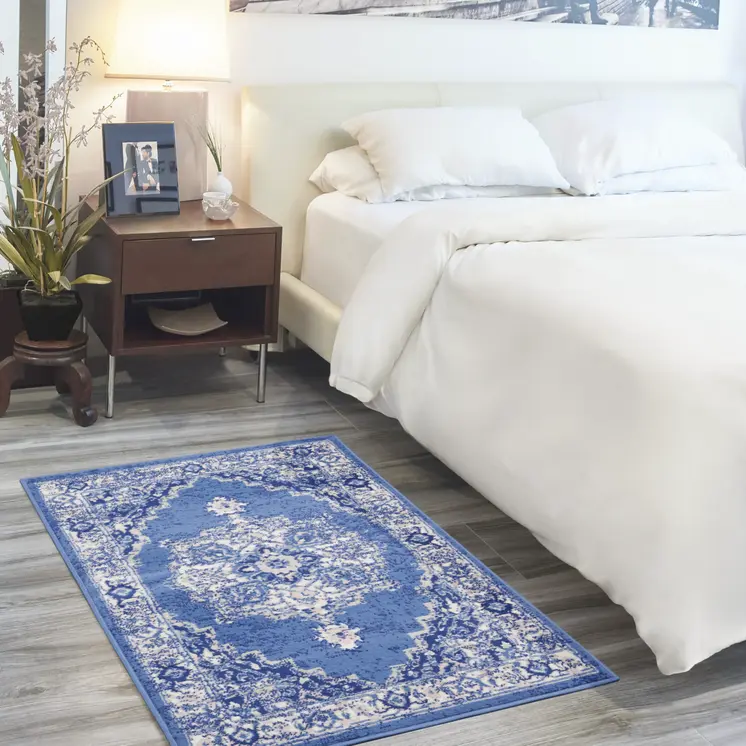 3' X 5' Ivory Navy Blue and Beige Floral Medallion Area Rug