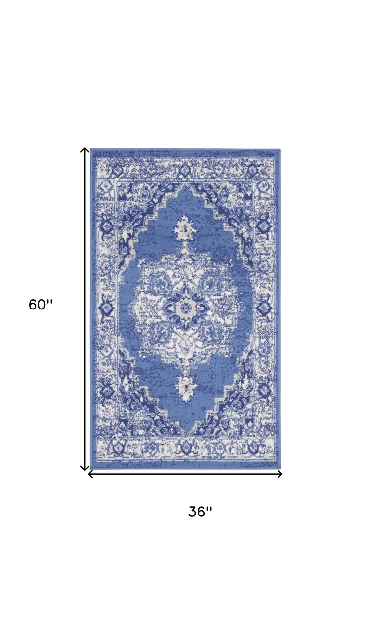 3' X 5' Ivory Navy Blue and Beige Floral Medallion Area Rug