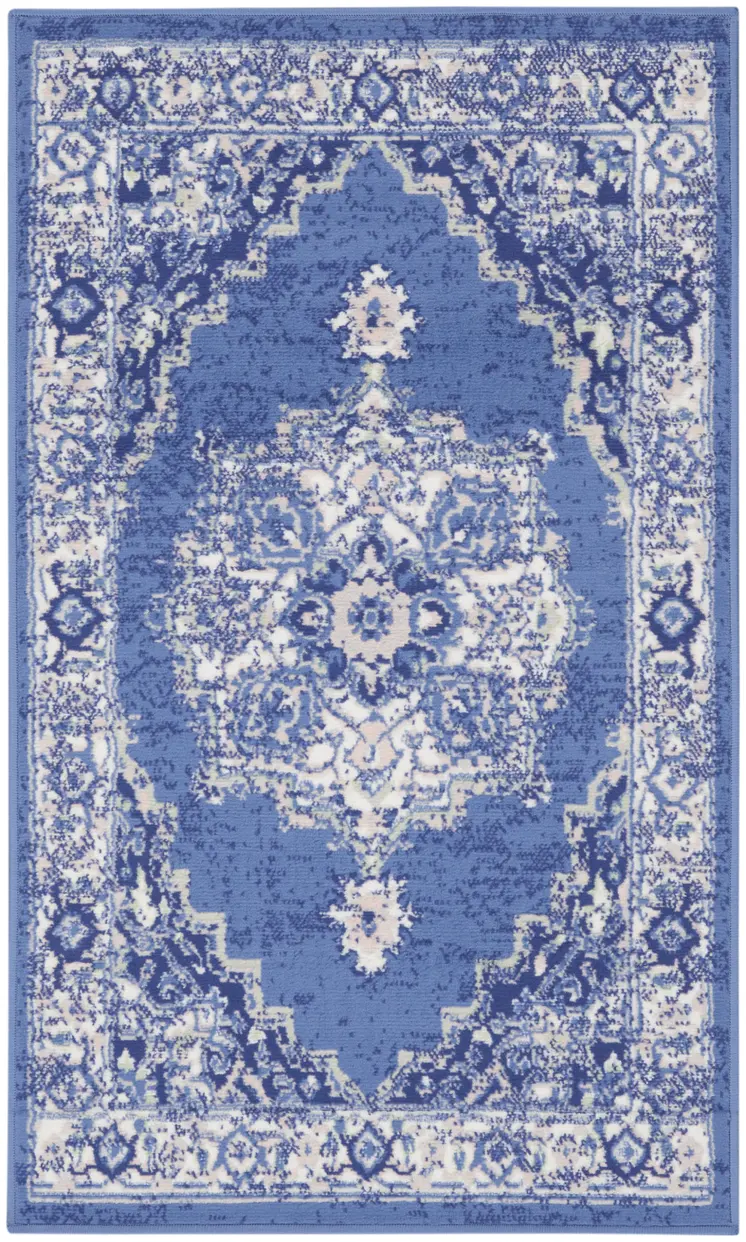 3' X 5' Ivory Navy Blue and Beige Floral Medallion Area Rug