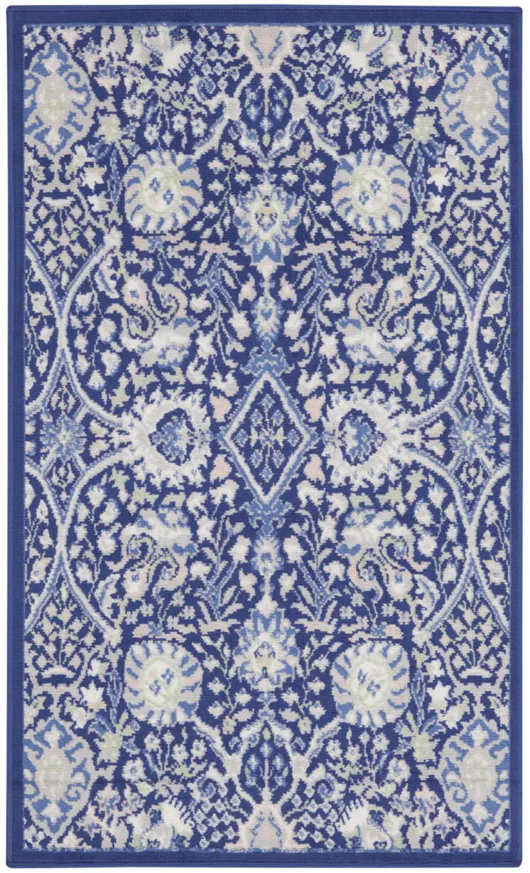 3' X 5' Navy Blue Ivory and Beige Floral Area Rug