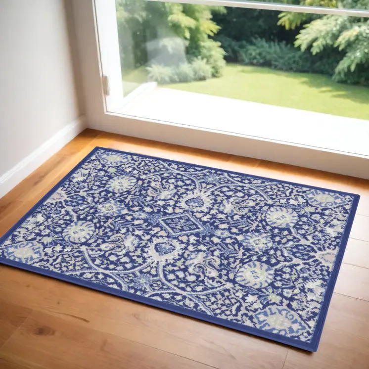 3' X 5' Navy Blue Ivory and Beige Floral Area Rug