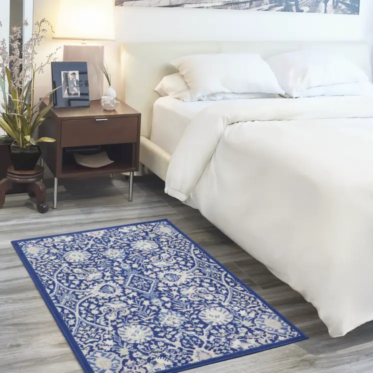 3' X 5' Navy Blue Ivory and Beige Floral Area Rug