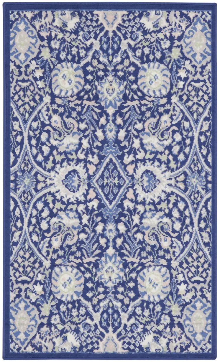 3' X 5' Navy Blue Ivory and Beige Floral Area Rug