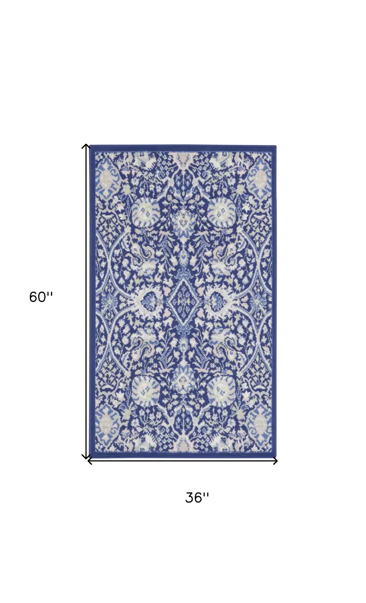 3' X 5' Navy Blue Ivory and Beige Floral Area Rug
