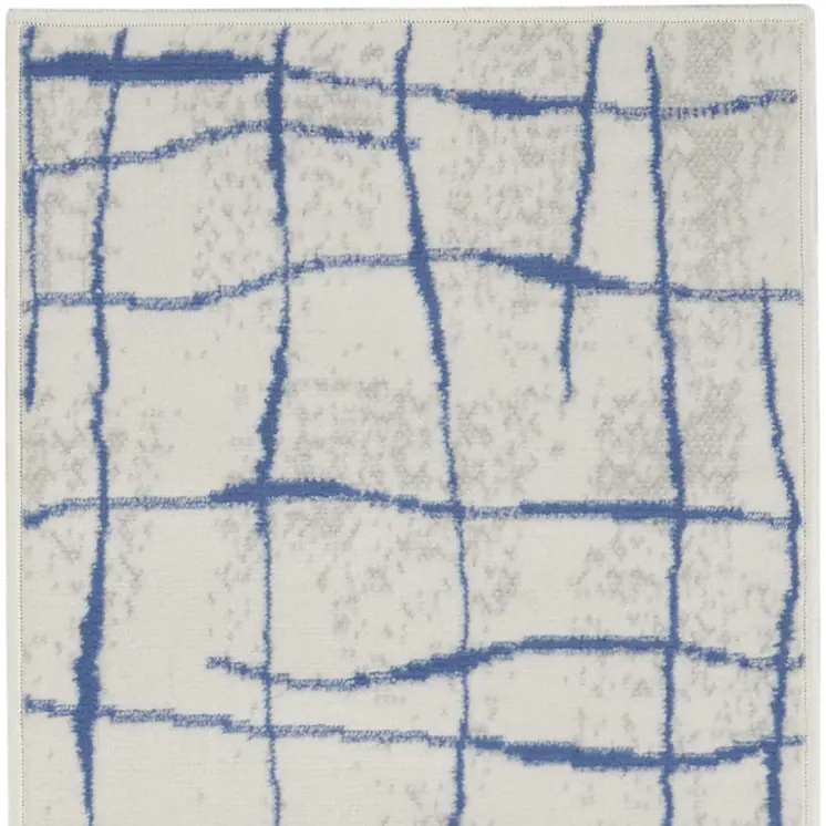 6' Ivory and Blue Abstract Geometric Distressed Runner Rug