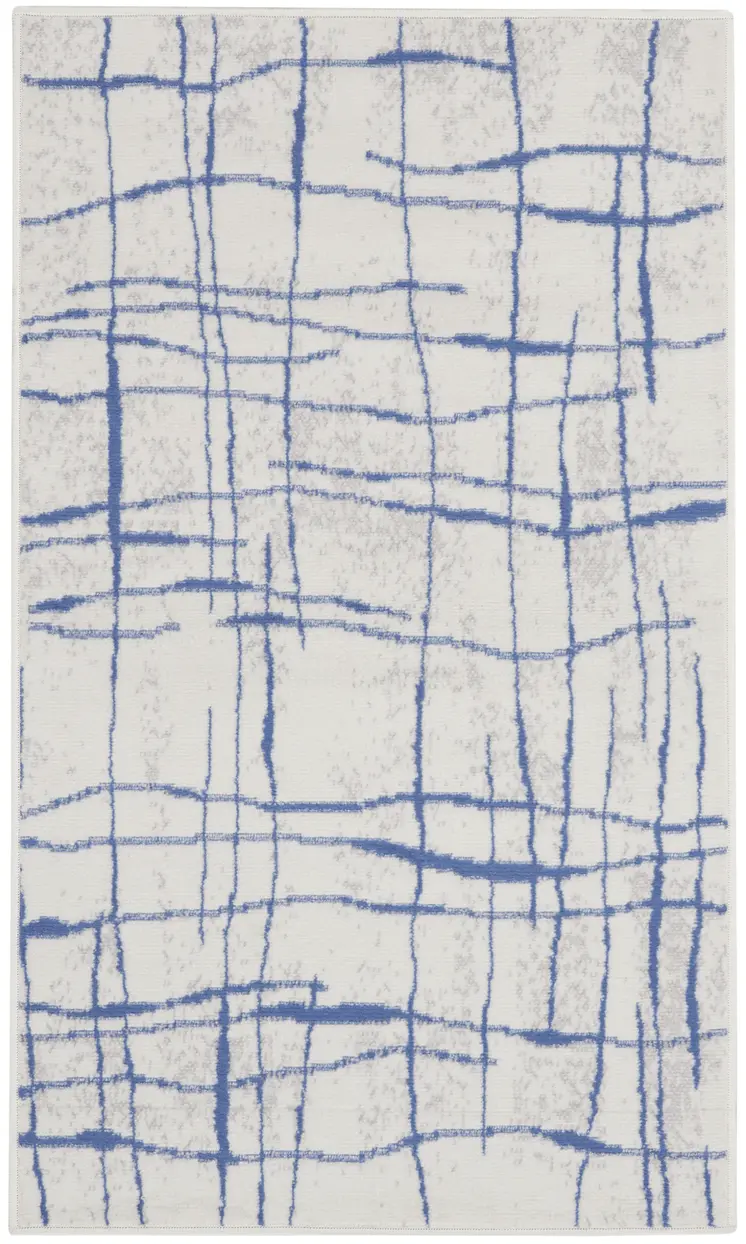 3' X 5' Ivory and Blue Abstract Geometric Distressed Area Rug