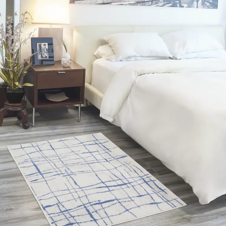 3' X 5' Ivory and Blue Abstract Geometric Distressed Area Rug