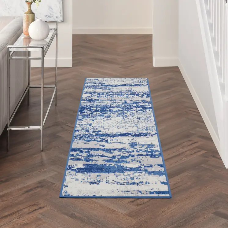 6' Ivory and Navy Blue Abstract Runner Rug
