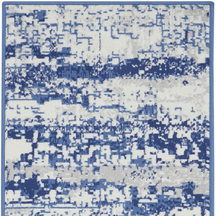 6' Ivory and Navy Blue Abstract Runner Rug