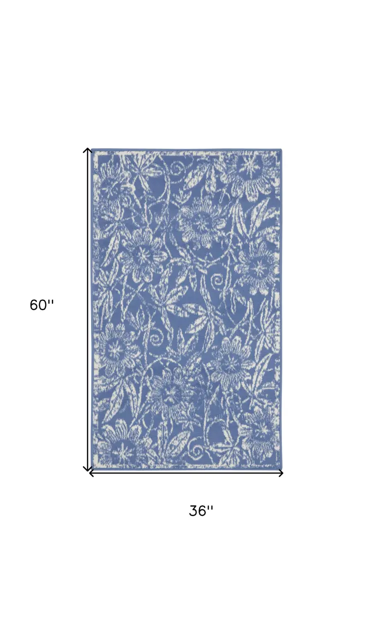 3' X 5' Ivory and Blue Floral Distressed Area Rug