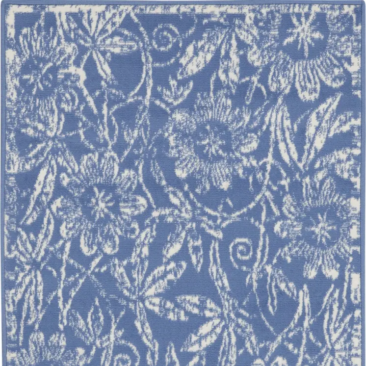 3' X 5' Ivory and Blue Floral Distressed Area Rug