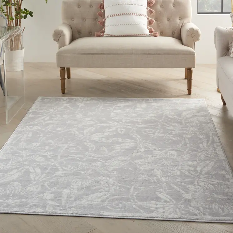 5' X 7' Gray and Ivory Floral Distressed Area Rug