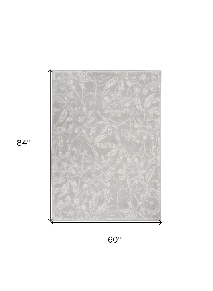 5' X 7' Gray and Ivory Floral Distressed Area Rug