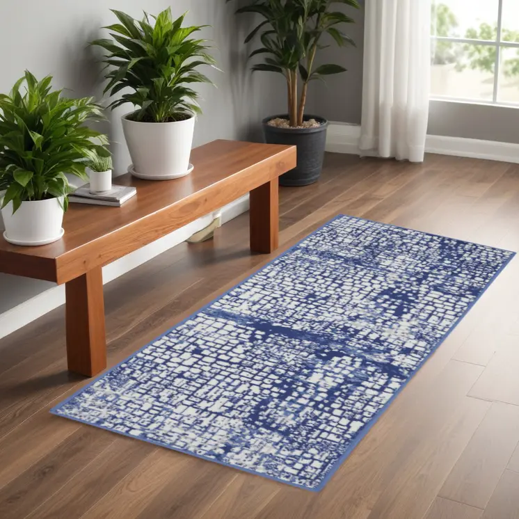 6' Ivory and Navy Blue Abstract Runner Rug