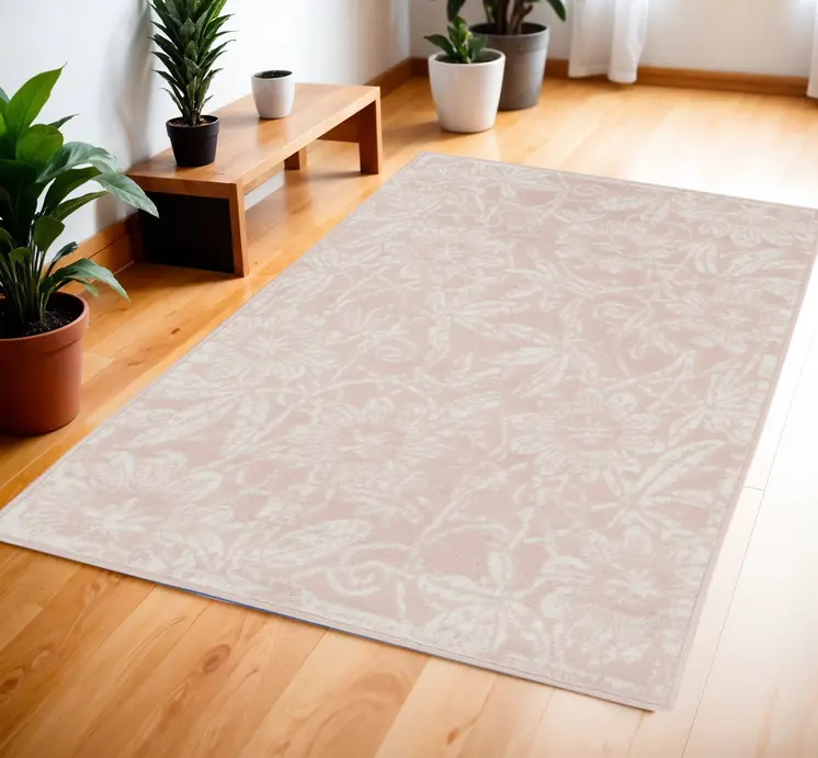 4' X 6' Pink and Ivory Floral Distressed Area Rug