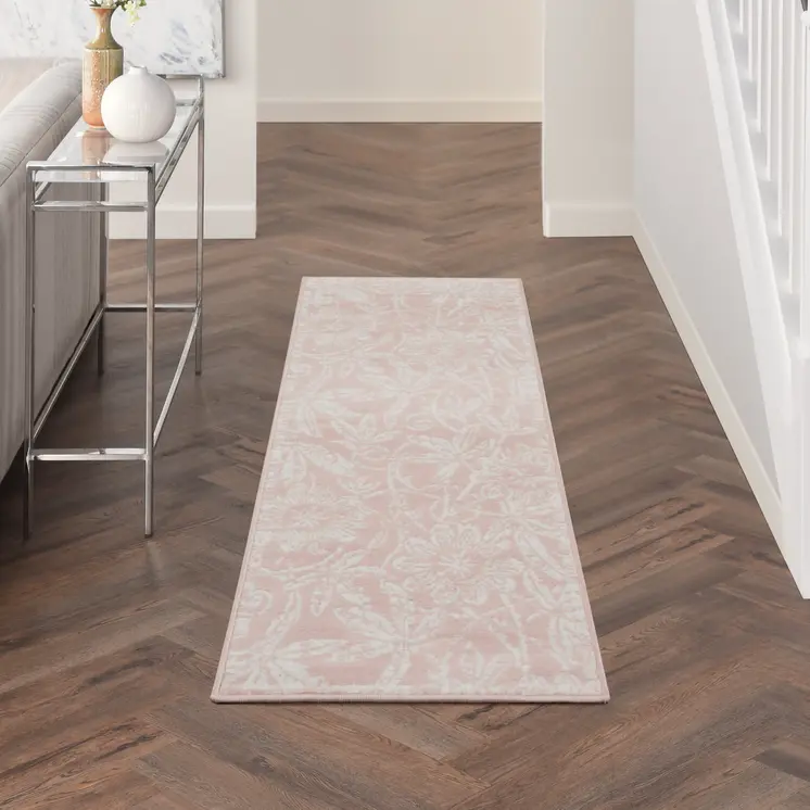 6' Pink and Ivory Floral Distressed Runner Rug