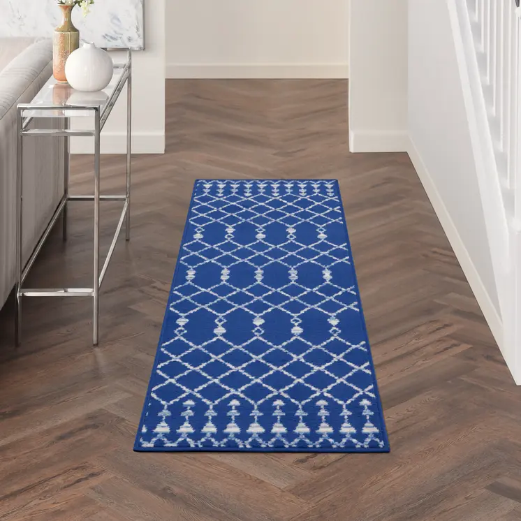 6' Navy Blue and Ivory Geometric Runner Rug