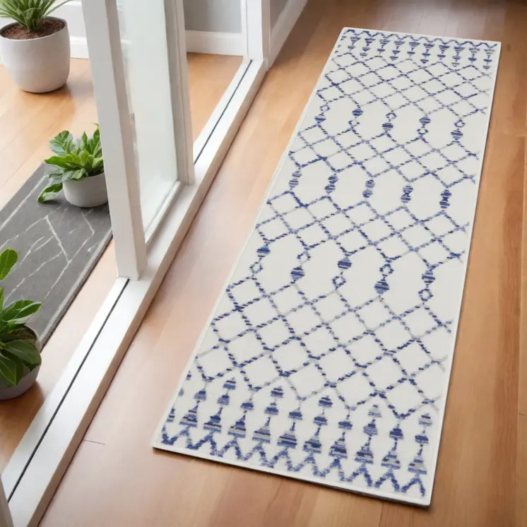 6' Ivory and Blue Geometric Runner Rug