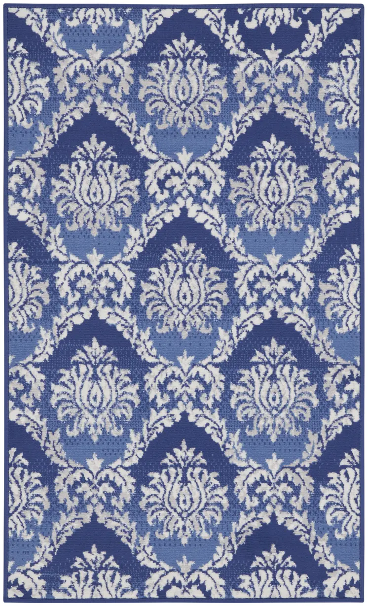 3' X 5' Blue and Ivory Damask Distressed Area Rug