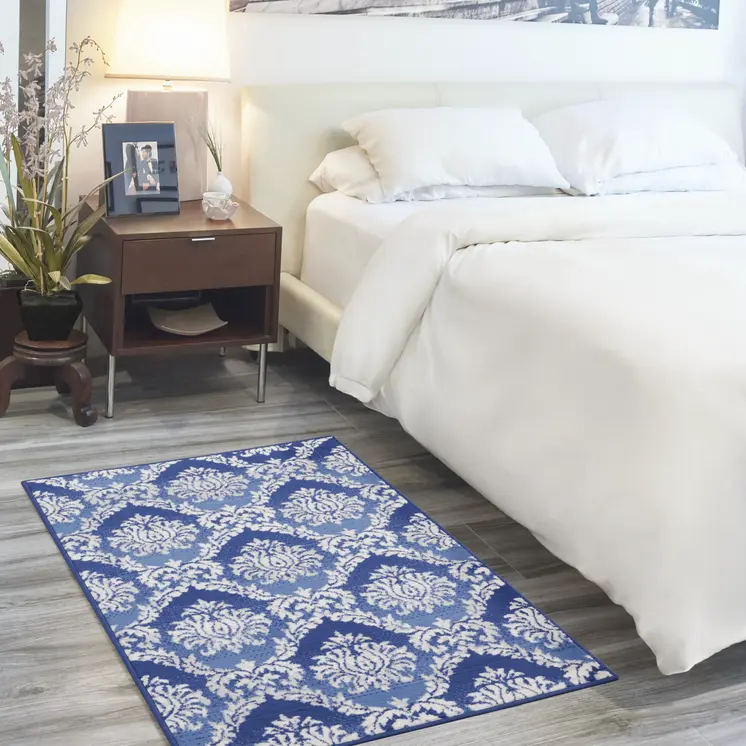 3' X 5' Blue and Ivory Damask Distressed Area Rug