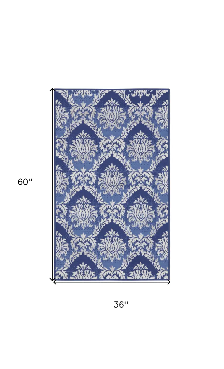 3' X 5' Blue and Ivory Damask Distressed Area Rug