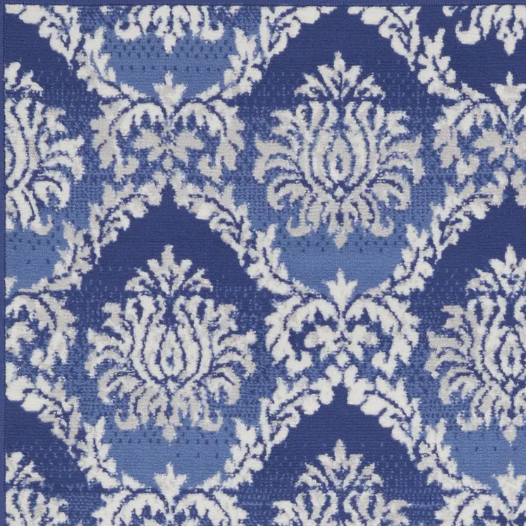 3' X 5' Blue and Ivory Damask Distressed Area Rug