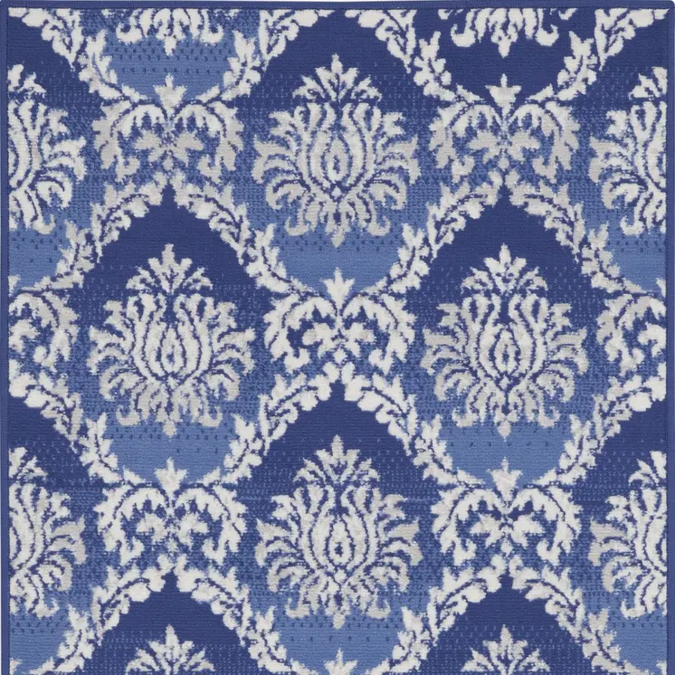 3' X 5' Blue and Ivory Damask Distressed Area Rug