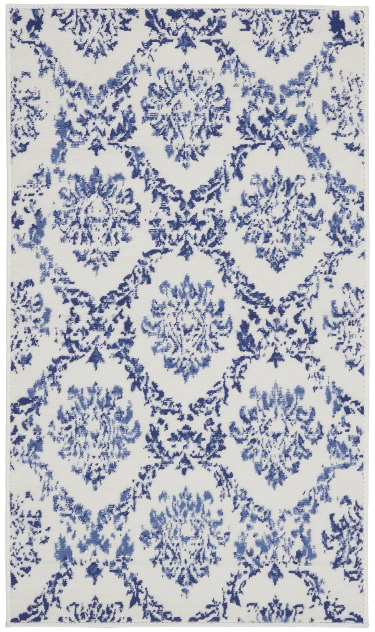 3' X 5' Ivory and Navy Blue Damask Distressed Area Rug