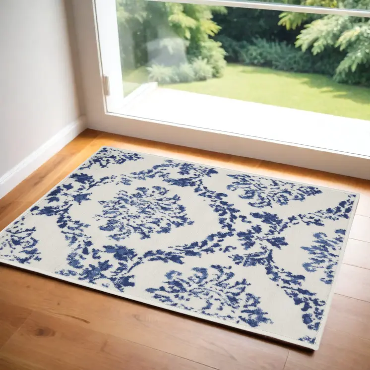 3' X 5' Ivory and Navy Blue Damask Distressed Area Rug